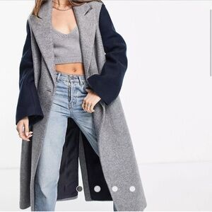 ASOS DESIGN varsity dad coat in gray with contrast sleeves